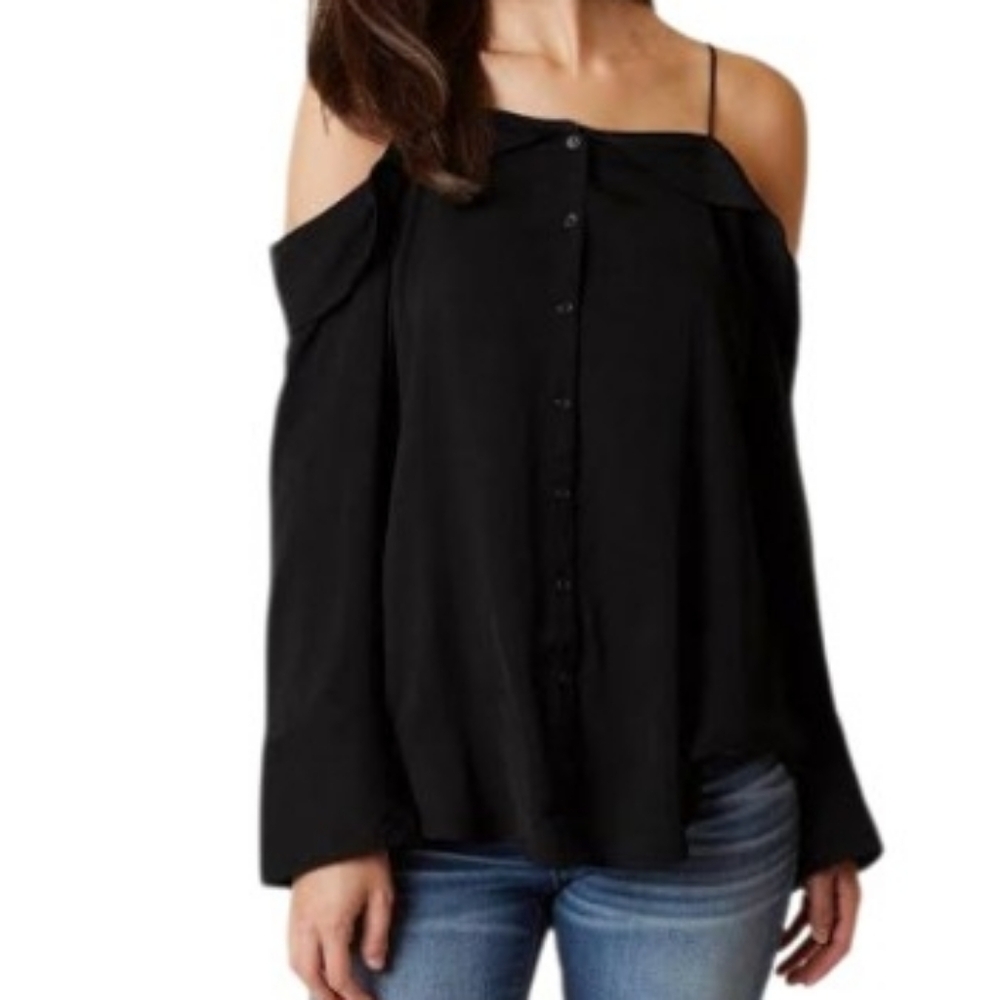 Free People Top Walk This Way Black Cold Shoulder Button Down Blouse Size Small